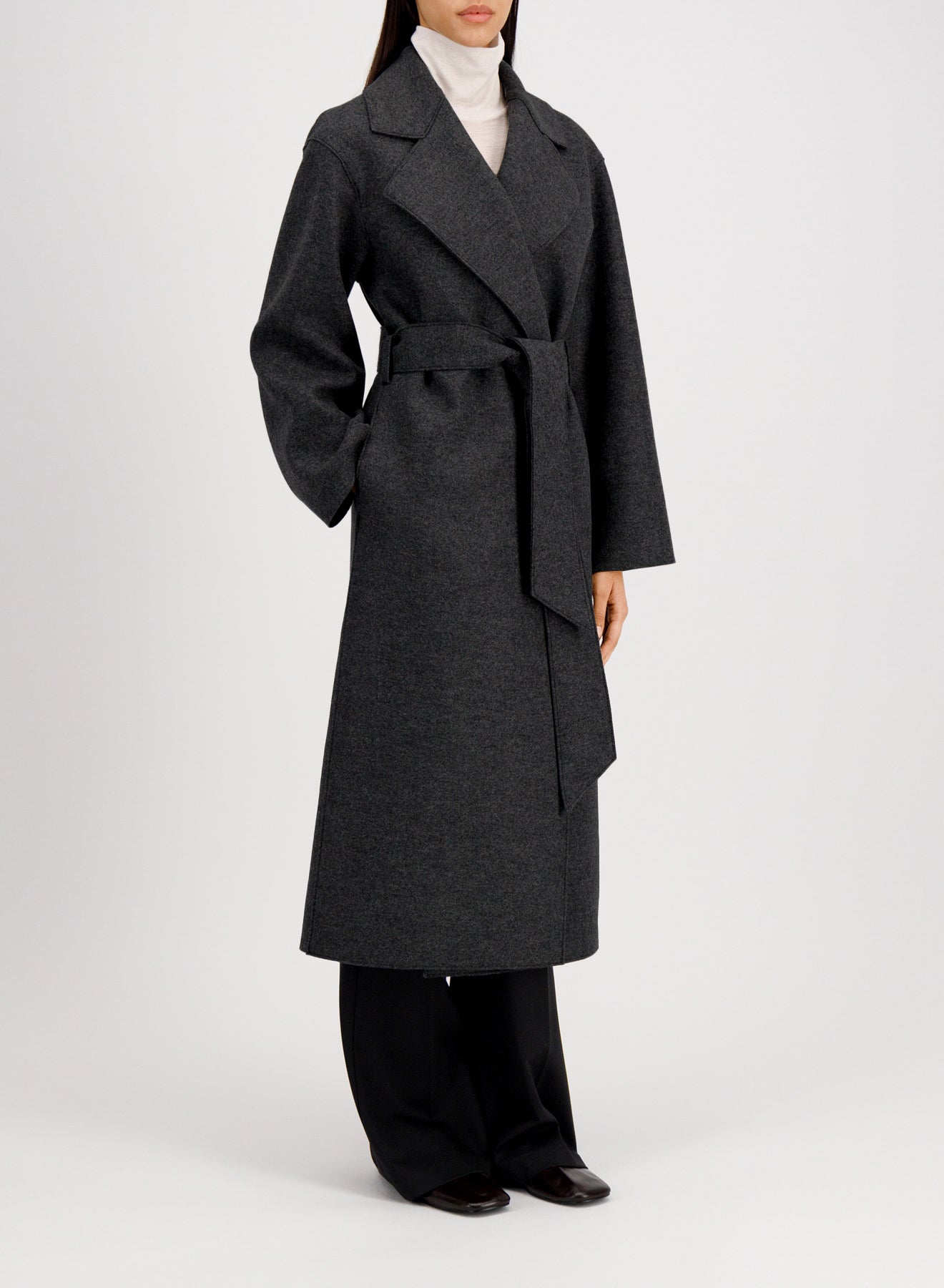 Belted clutch coat in pressed wool