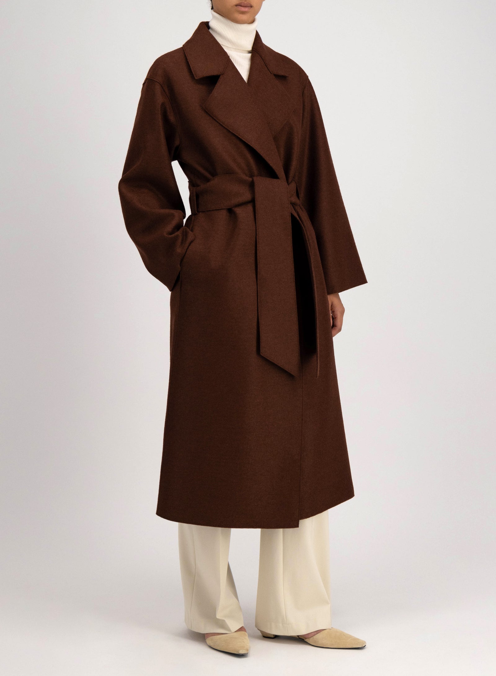 Belted clutch coat in pressed wool