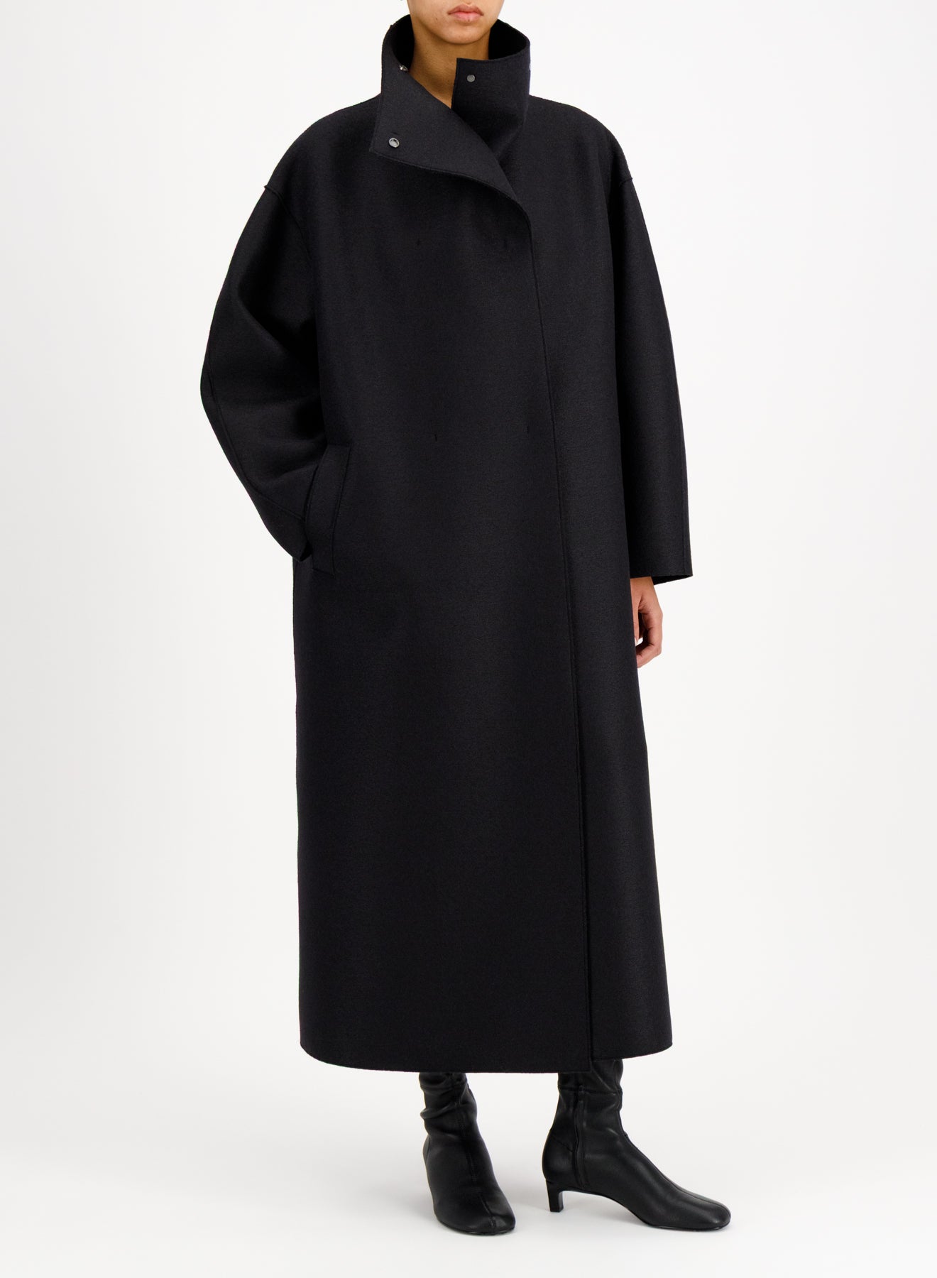 Funnel neck oversized coat in pressed wool