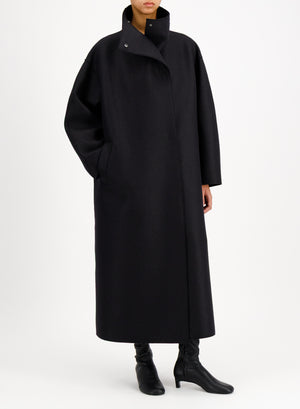 Funnel neck oversized coat in pressed wool