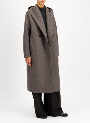 Long hooded coat in pressed wool