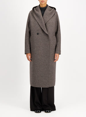 Long hooded coat in pressed wool