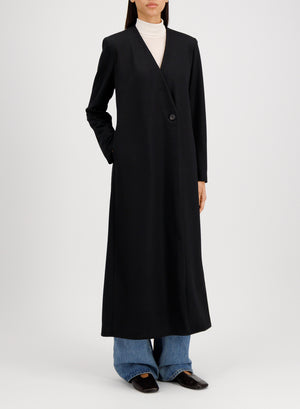 Uncollared coat in superfine merino