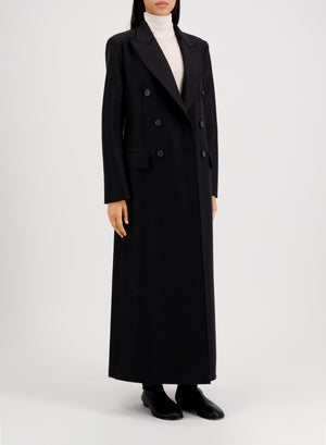 Long double breasted tailored coat in pressed wool