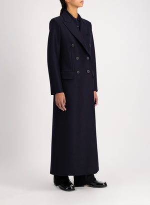 Long double breasted tailored coat in pressed wool