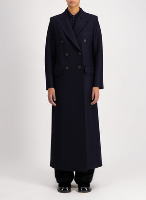 Long double breasted tailored coat in pressed wool