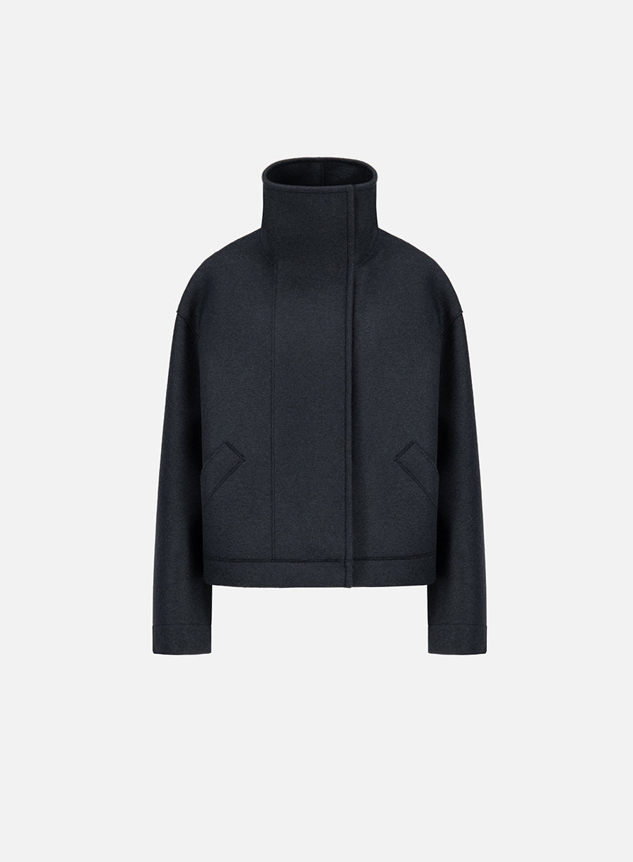 Funnel biker jacket in pressed wool