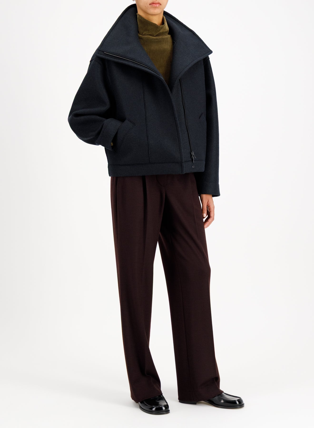 Funnel biker jacket in pressed wool