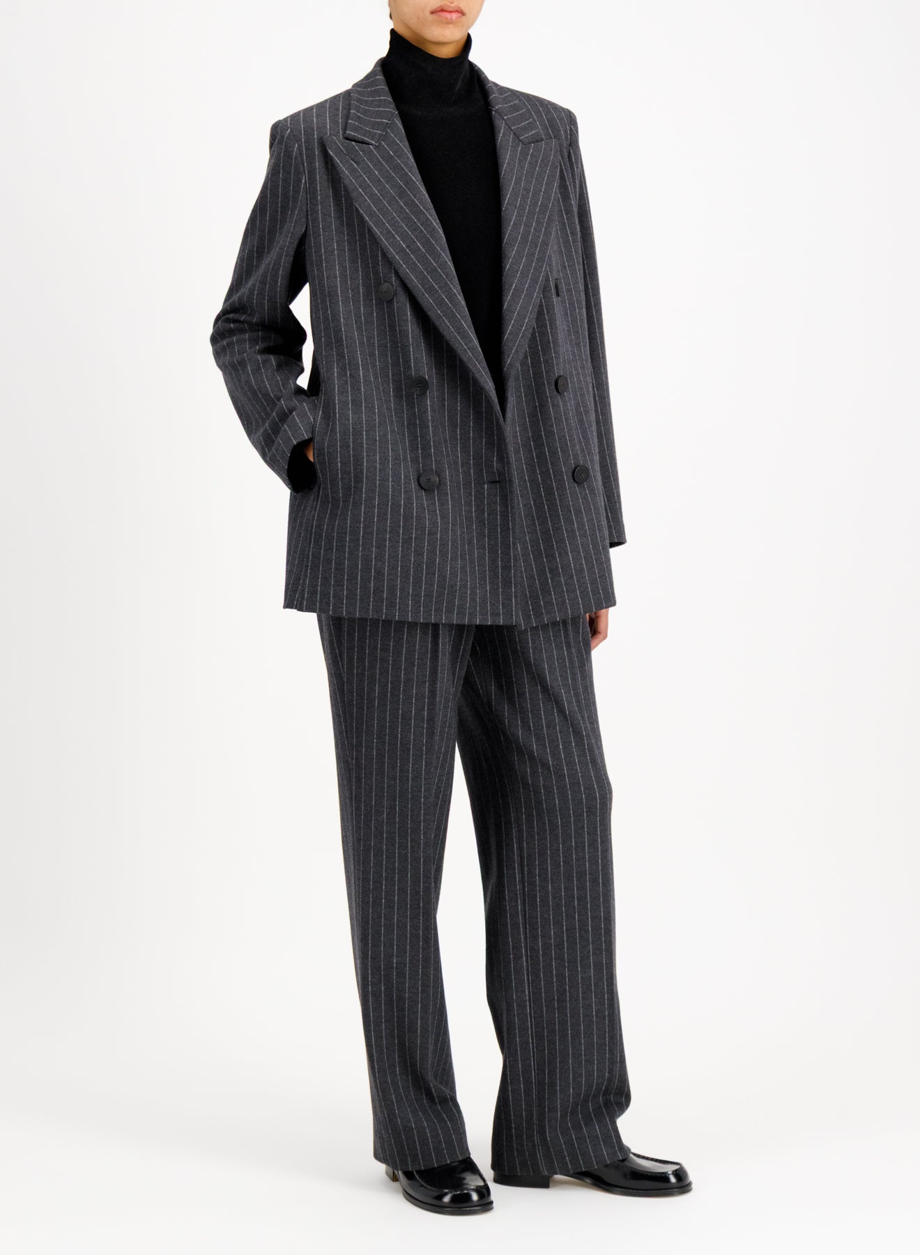 slouchy peacoat with shoulder pads pinstripe