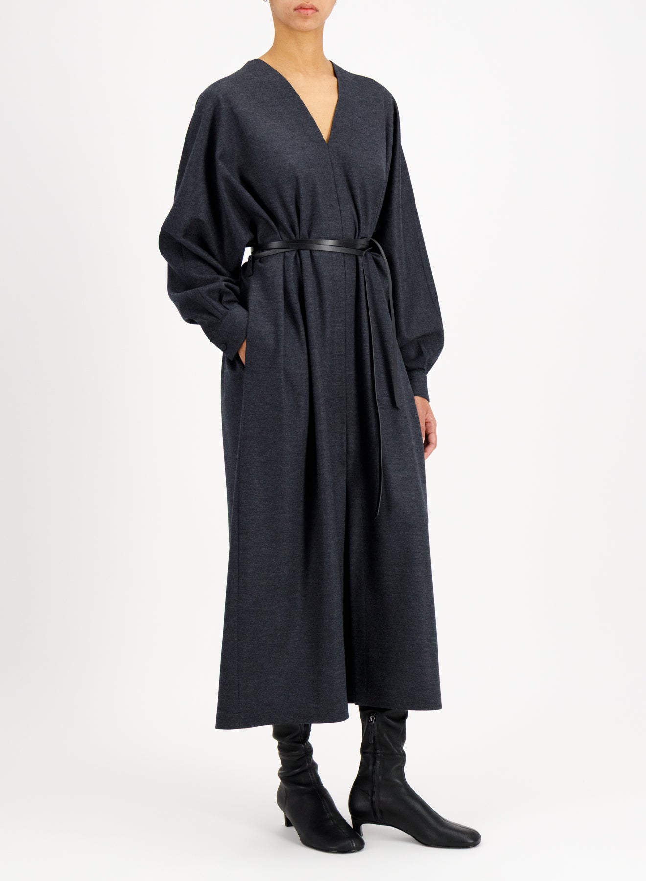 kimono dress with leather belt superfine merino