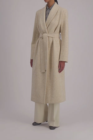 Shawl collar coat wool & silk P.O.W pattern crafted with Loro Piana fabric