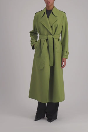 Long trench with double stitching pressed wool