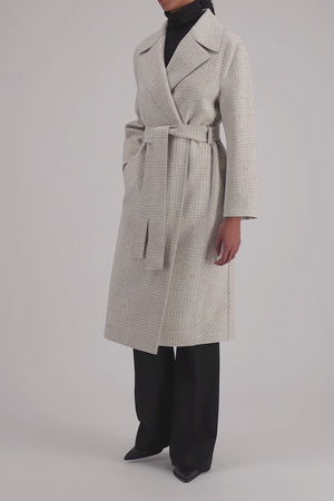 Belted long coat wool & silk P.O.W pattern crafted with Loro Piana fabric