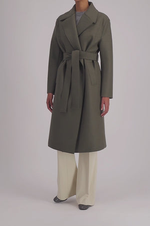 Belted long coat pressed wool and polaire