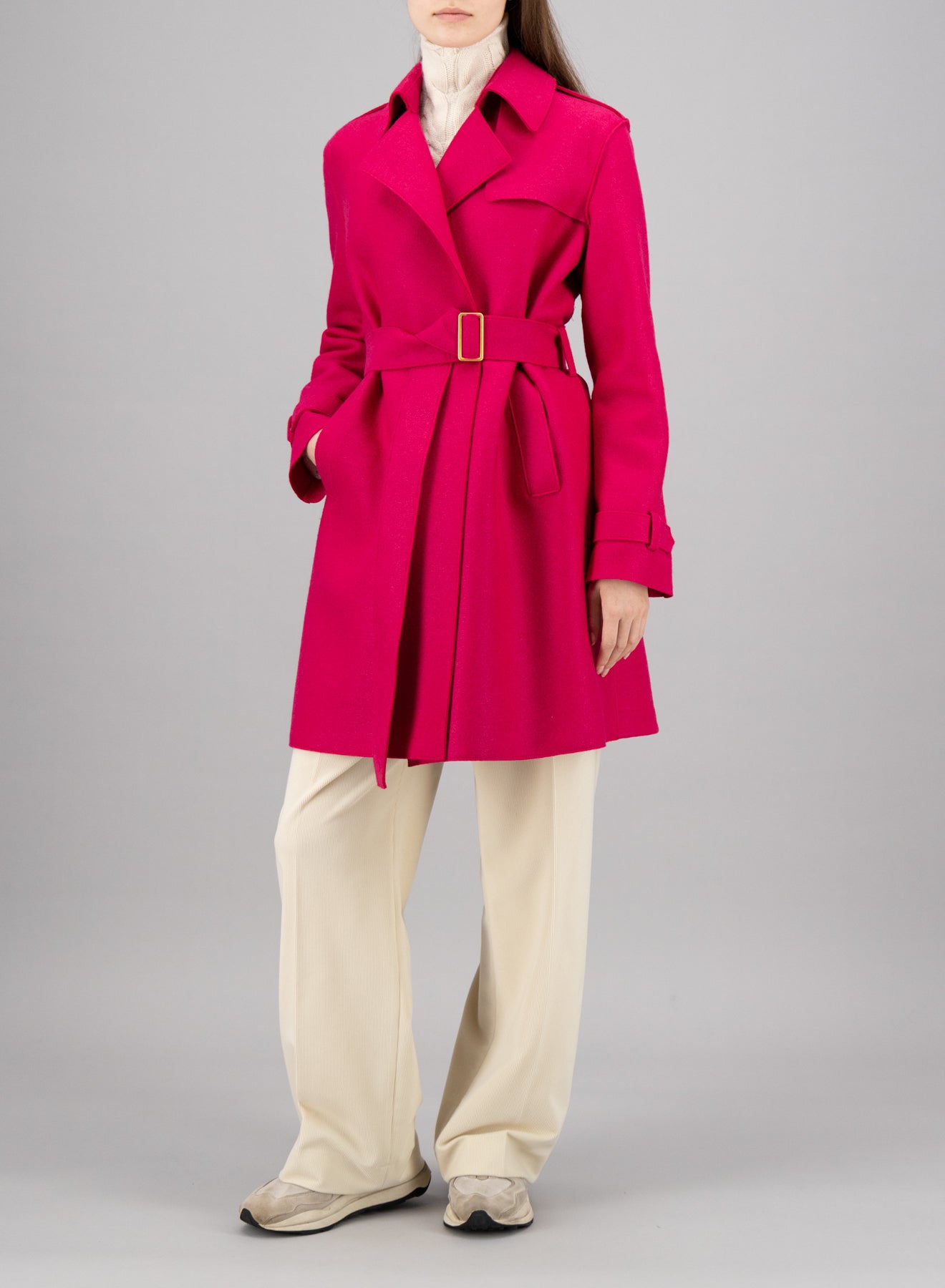 golden buckle trench pressed wool